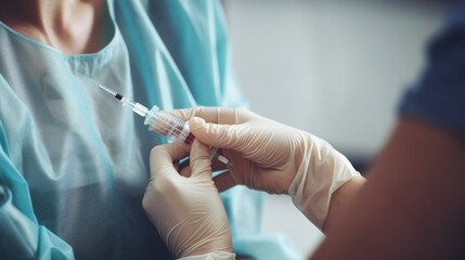 A Vaccination, closeup of a doctor's hand holding a syringe injecting a vaccine into a female patient's shoulder. Influenza vaccine clinical trial concept, side effects of virus treatment. - obrazy, fototapety, plakaty