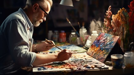 Art, close up of artist with palette and brush painting still life on paper at studio. perfection, realistic photos. - obrazy, fototapety, plakaty