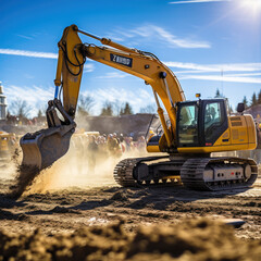 Big yellow excavator working on site. Shovel loading the soil or gound. Heavy truck mining machinery concept.