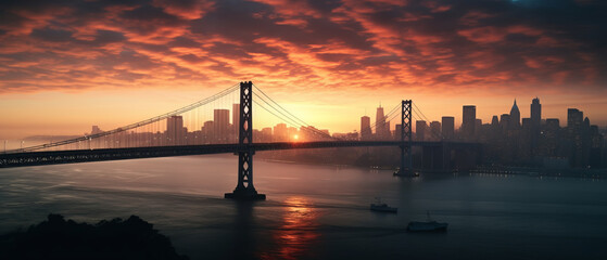 Sunrise Over City Bridge and Skyline.