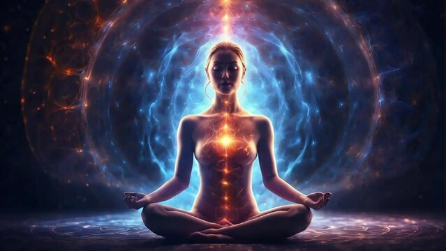 A person meditating with colorful energy or aura graphic background.