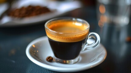 Cup with espresso on a beautiful coffee background. The process of making coffee.
