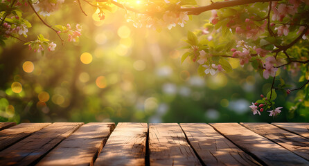 A beautiful spring background with an empty wooden table set in the outdoor nature, surrounded by blooming trees.