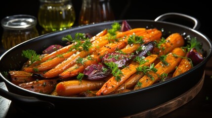 plating food Rainbow Carrots with Olive Oil and Spices in Vintage Pan