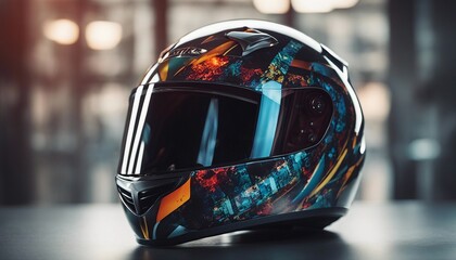 motorcycle helmet with colourful patterns isolated dimly lit white background, copy space for text 
