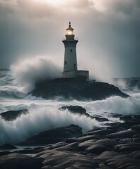 Fototapeta na wymiar a lighthouse on a rocky ground that shines among the big waves in rainy, lightning and foggy weather 