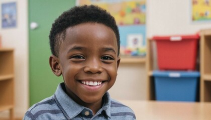portrait of a black American boy with a friendly smile in kindergarten  