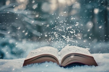 A open book with a snowy landscape on its pages, tiny snowflakes drift out into the real world. Christmas fairy-tale. Winter holiday with bokeh