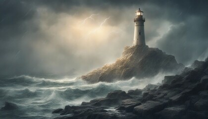 a lighthouse on a rocky ground that shines among the big waves in rainy, lightning and foggy weather 
 - obrazy, fototapety, plakaty