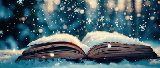 A open book with a snowy landscape on its pages, tiny snowflakes drift out into the real world. Christmas fairy-tale. Winter holiday with bokeh - obrazy, fototapety, plakaty