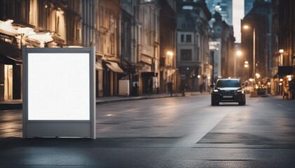 Vertical blank white billboard on sidewalk. In the background buildings and road. Mock up. Poster on 
