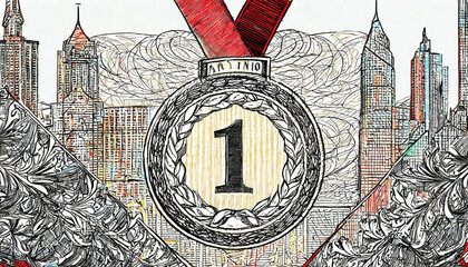 Illustration with award medal for first place winner, gold medal. 4K illustration