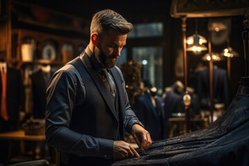 A tailor fitting a bespoke suit, capturing the elegance and skill of custom tailoring. Generative Ai. - obrazy, fototapety, plakaty