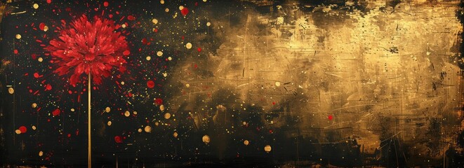 red flower, fireworks on a textured background with gold colored fire work - obrazy, fototapety, plakaty