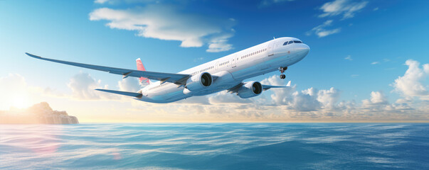 Naklejka na ściany i meble airplane flying above the ocean during sunny light.