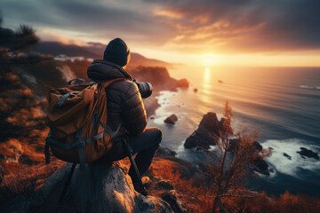 Obraz premium A professional photographer capturing a sunset landscape, showcasing the art of photography and natural beauty. Generative Ai.