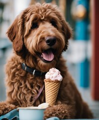 A labradoodle eating an ice cream cone
