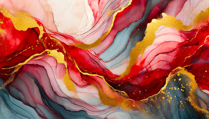 Liquid Abstract Red and Gold Alcohol Ink Painting Background - obrazy, fototapety, plakaty