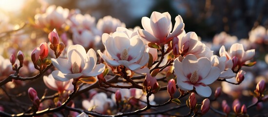 Magnolia campbell Flower with beautiful sunshine surprise in spring in the garden - obrazy, fototapety, plakaty