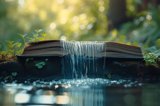 An open book with a miniature waterfall into a real pond below. eco concept. 