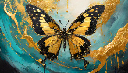 Gold and black Butterfly abstract art oil painting with Turquoise