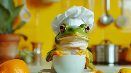 Fotobehang Green Frog wearing Chef's Hat in a Cup © vanilnilnilla