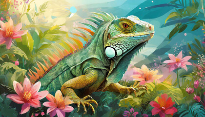 Imaginative iguana image with beautiful flowers and the outdoors, created with generative AI