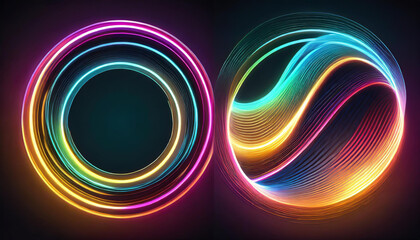 Set of glowing neon color circles round curve shape with wavy dynamic lines isolated on background