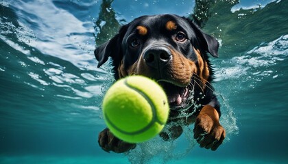 Spectacular portrait of a rottweiler chasing a tennis ball underwater - obrazy, fototapety, plakaty
