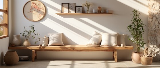 hall with white bench with potted plant, in the style of japanese contemporary