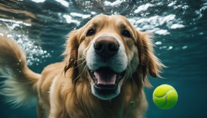 Spectacular portrait of a golden retriever chasing a tennis ball underwater
