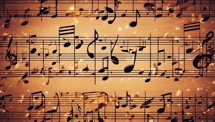 musical notes on a coloured wooden background, copy space for text
