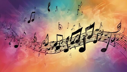 musical notes on a coloured wooden background, copy space for text

