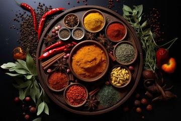 homemade vegetables, herbs and spices on dark background top view