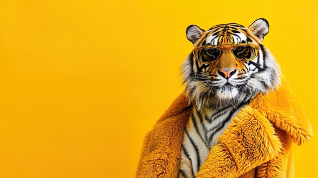 Tiger Chic Unleashed: Immerse yourself in a world of creativity with our animal concept. Witness a tiger adorned in high-end couture, a vision of glamour on a bright background.