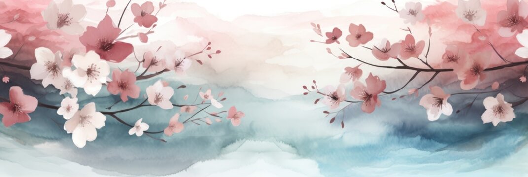 watercolor cherries flowers soft gradient decorative, black background 