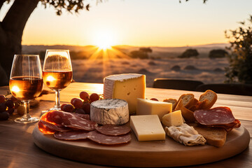 Romantic outdoor picnic with white wine, cheese, and charcuterie in the warm glow of sunset light - Powered by Adobe