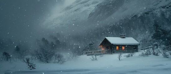 Norwegian cabin in a fierce mountain blizzard.