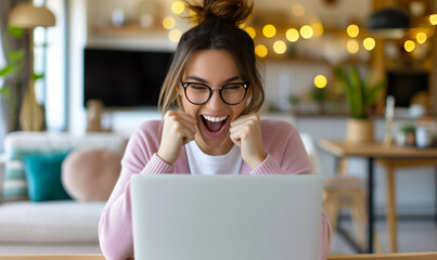 A happy woman celebrating winning or business success working at a laptop at home