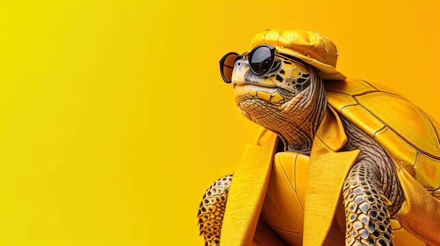 Shell-ebrate Style: Dive into a sea of creativity with our turtle in high-end glam couture, set against a bright backdrop. Perfect for birthdays and invitations