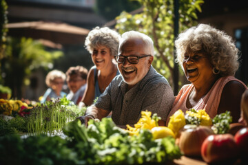 On a sun-drenched patio, a group of diverse seniors engages in a lively discussion about their newfound passion for community gardening, fostering bonds and cultivating fresh produce.  Generative Ai.