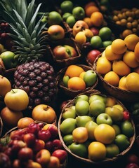 Naklejka na ściany i meble fresh raw fruits at bazaar; apricots, cherries, plums and grapes
