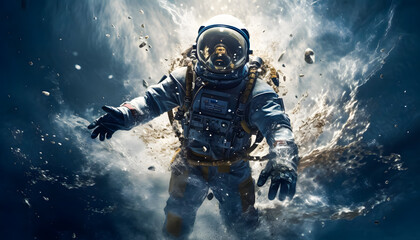 An astronaut walking on the surface of a desolate planet surrounded by smoke and flying debris. The astronaut, clad in a space suit, appears determined as they navigate the harsh environment