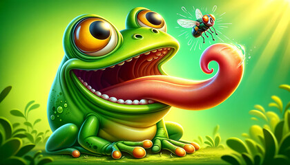A cartoon frog with oversized, expressive eyes sits poised, its tongue curling out to catch a surprised, flying insect against a vibrant green backdrop.Frog behavior concept. AI generated.