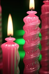 exquisite pink shaped lighted candles. original design. unique shape. green background.