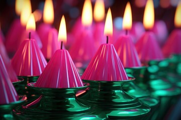 exquisite pink shaped lighted candles. original design. unique shape. green background.