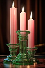 exquisite pink shaped lighted candles. original design. unique shape. green background.