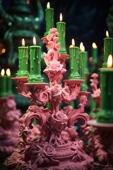 exquisite pink art candle holder with green shaped lighted candles. original decor. unique design