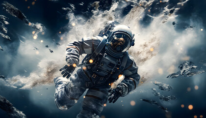 An astronaut walking on the surface of a desolate planet surrounded by smoke and flying debris. The astronaut, clad in a space suit, appears determined as they navigate the harsh environment