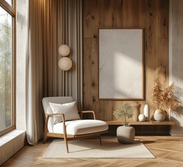 living room with wooden walls, a white chair on the floor and two framed pictures